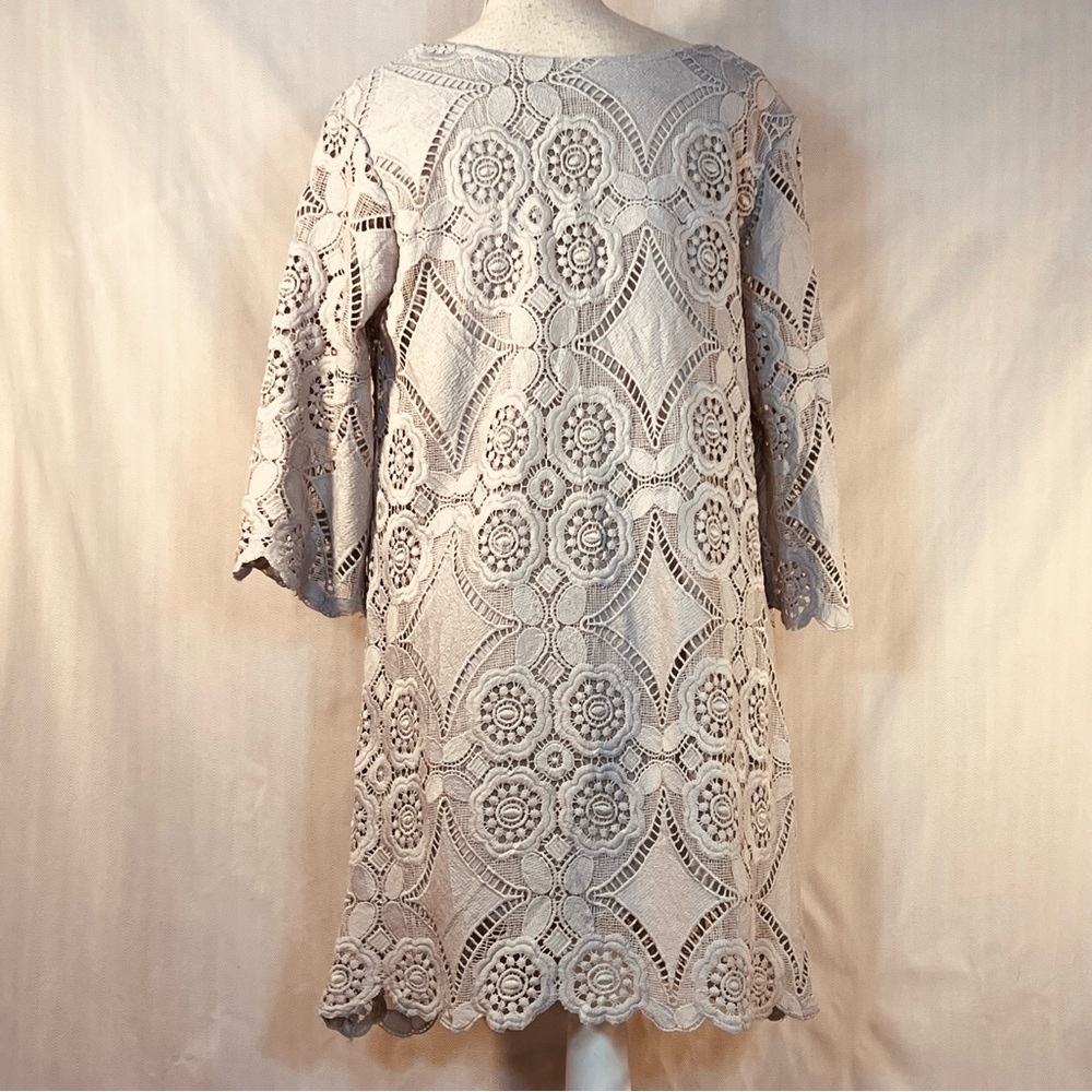 Pretty Angel Dress Light Blue Embroidered Lace Overlay A Line 3/4 Bell Sleeve M👍 - Picture 8 of 11
